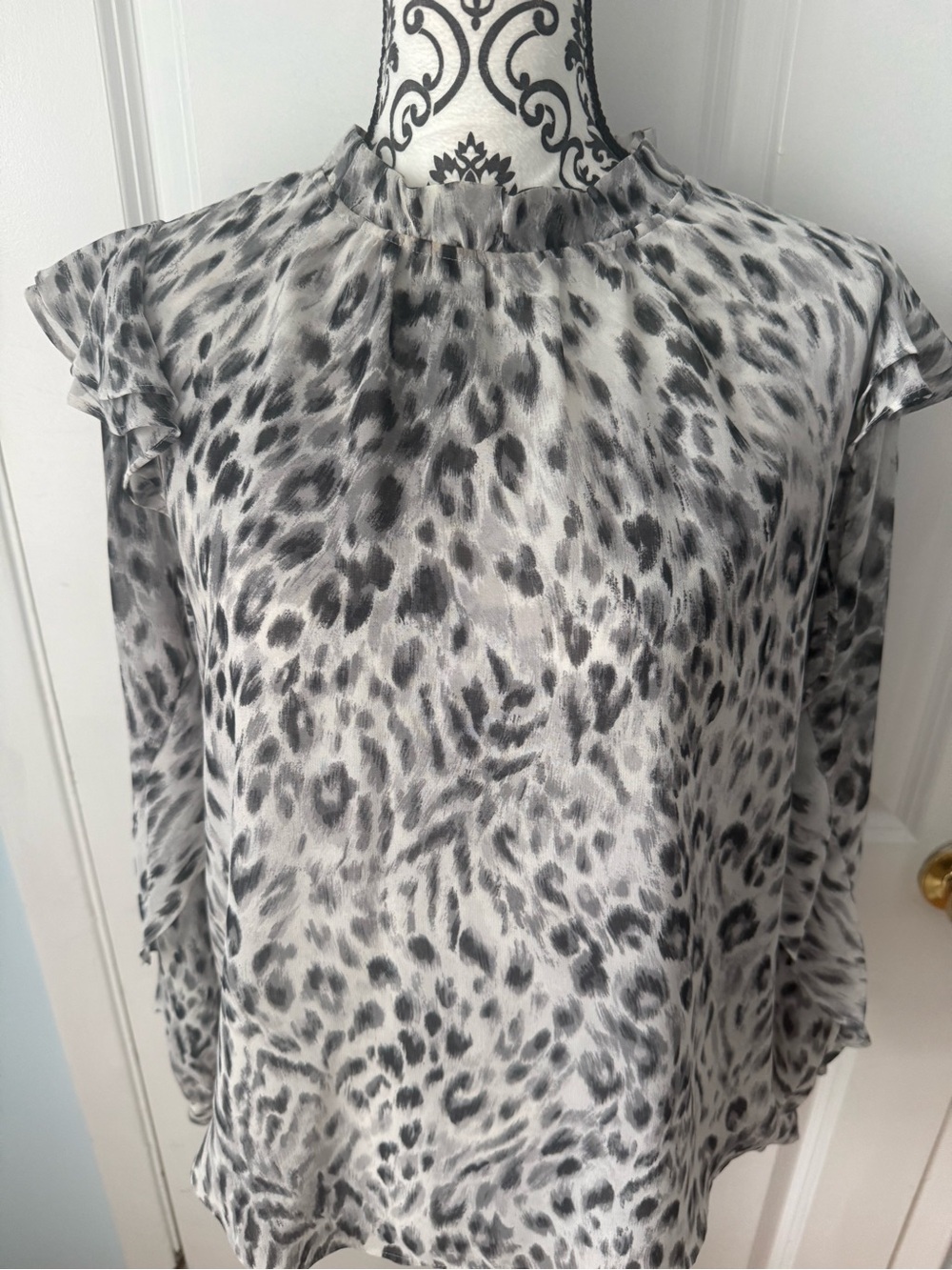 Ann Taylor Grey Leopard Print Ruffle Sleeve Blouse